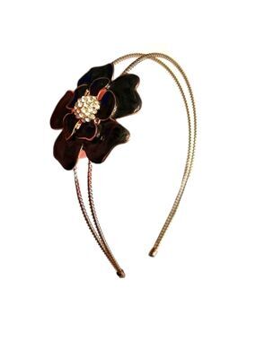 FLORAL Headband crystal embellished,  goldtone metal double band, enamel flower